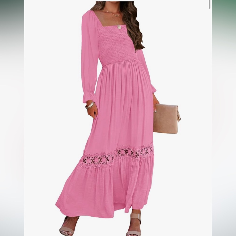 ZESICA Boho Long Sleeve Square Neck Smocked A Line Lace Trim Maxi Dress (Med)